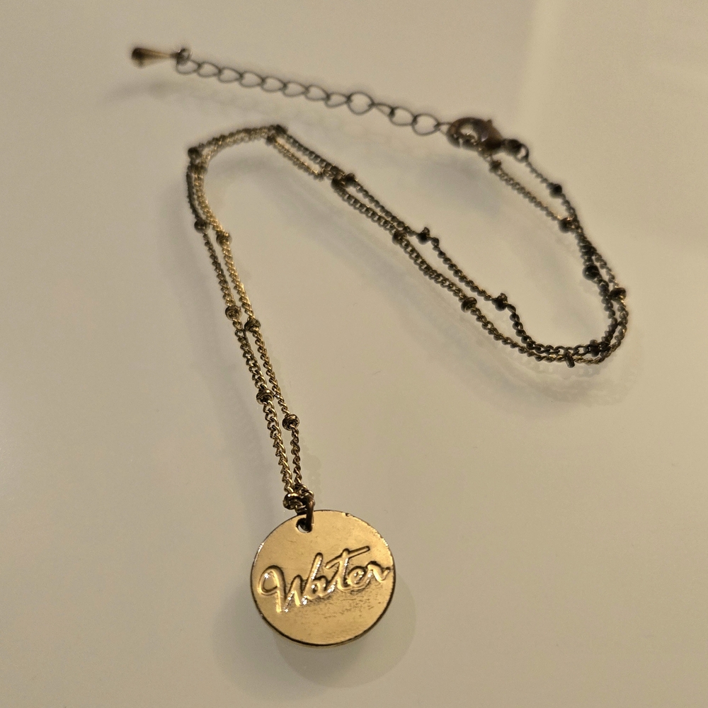 Gold Pendant Necklace Circle Round Charm, 16 Inch, Water Symbol, Beaded, Womens